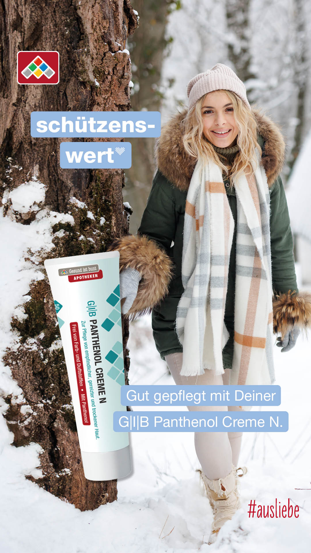 GIB Panthenol Creme N Frau im verschneiten Wald. Werbung Pantenol Creme